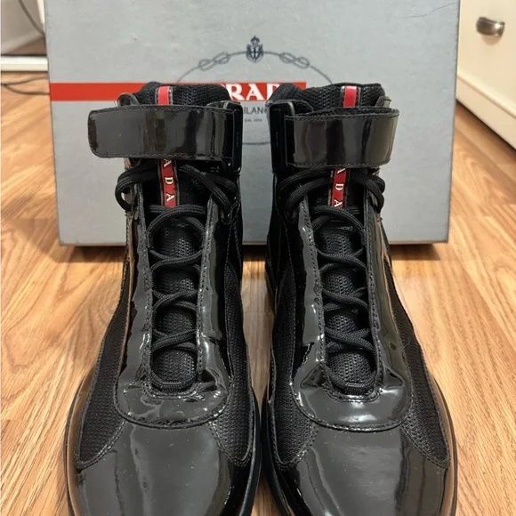 Prada Black High-Top Sneakers with Red Accent - Picture 2 of 7